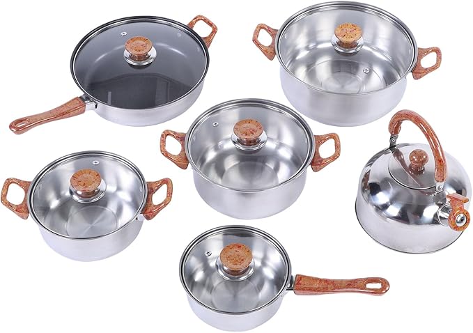GLOGLOW Stainless Steel Cookware Set Large Capacity Induction Pots and Pans Includes Kettle Frying Pan for Cooking
