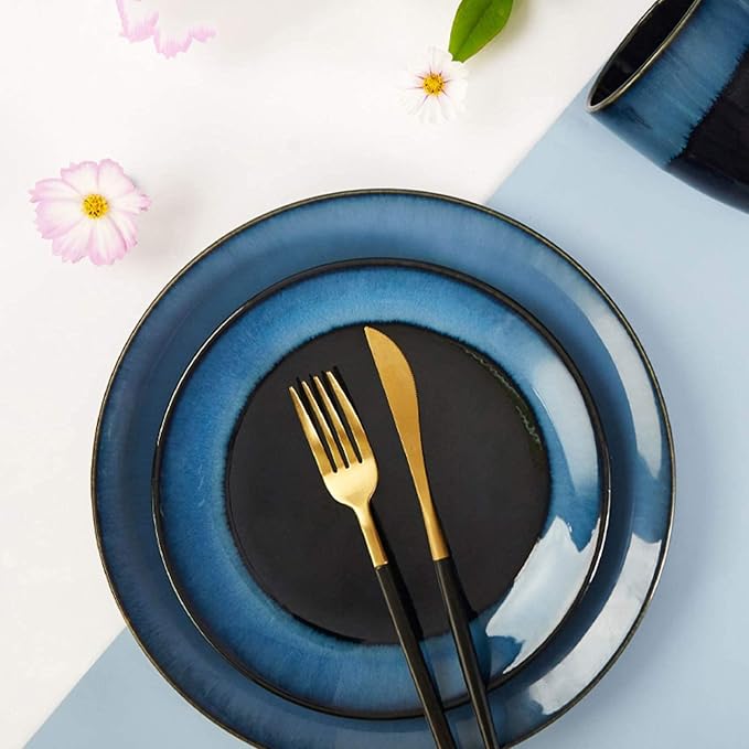 Household Plates and Bowls Sets Durable Ceramic Dinner Plate Sets Blue Dinnerware Set of 4 Dinner Plates Salad Plates and Mug Dinnerware Set