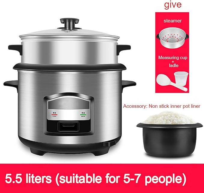 Rice Cooker Pot Style and Food SteamerHousehold 4.5/5.5/6.5L Stainless Steel Rice CookerOne TouchAutomatic Insulation(5.5L)