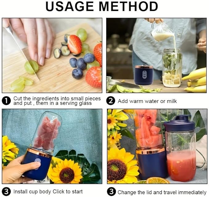 Fit for 400ml USB Rechargeable Portable Blender - 1500mAh Smoothie Maker with 6 Stainless Steel Blades Juice Shaker Bottle for Home and Travel(4)