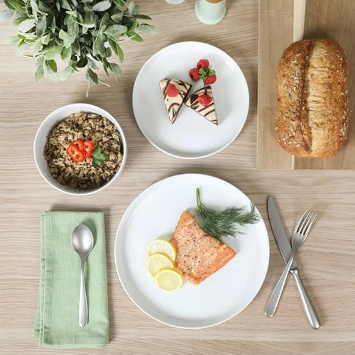 12-Piece Stackable Fine Ceramic Dinnerware Set in White – Dishwasher &amp Microwave Safe Everyday Tableware for Family Meals