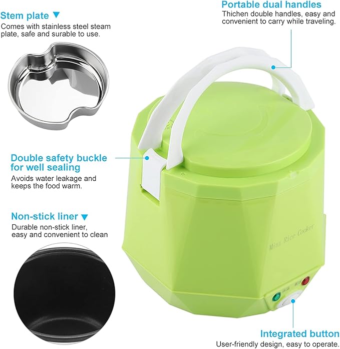 24V 1.6L Multifunctional Electric Rice Cooker Mini Travel Food Steamer Portable Meal Heater Food Warmer for Both Home And Trucks To Cook Rice Porridge Nutritious Eggs Warm Dishes (Green)