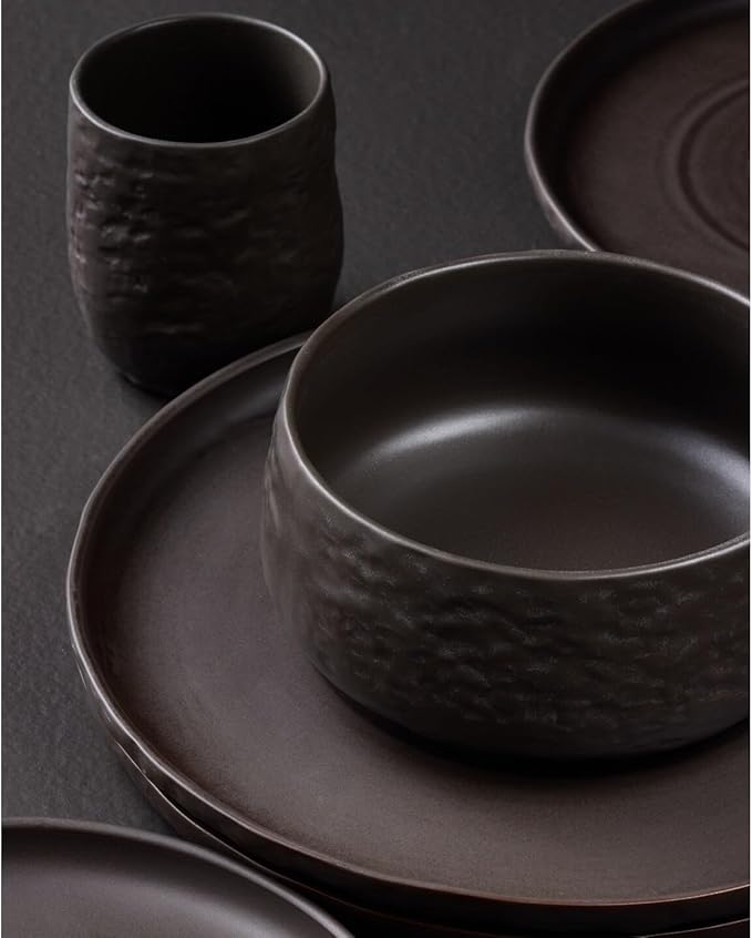 Stone by Mercer Project SHOSAI 16-Piece Stoneware Dinnerware Set Plates and Bowls Set Modern Dishware set fo 4 Black