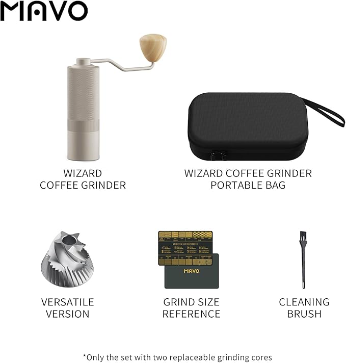 MAVO Manual Coffee Grinder Wizard Hand Coffee Grinder Capacity 25g with CNC Stainless Steel Pentagon Conical Burr Adjustable Setting Burr Coffee Bean Grinder for French Press Pour Over Silver