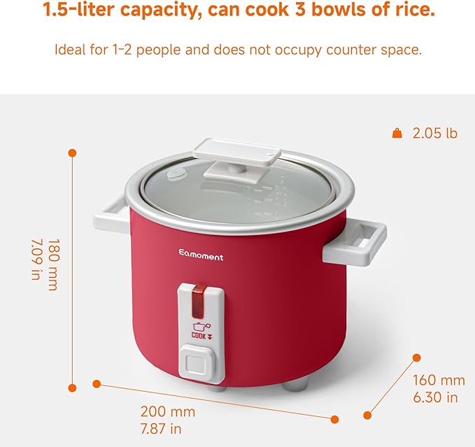 1.5L Mini Rice Cooker with Removable Non-Stick Pot Portable Rice Maker with Keep Warm Function Suitable for 1-2 People Red
