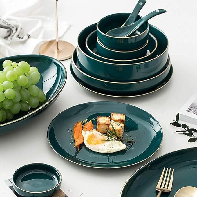 Dinnerware Set Plates and Bowls Sets Bowl/Dish/Spoon|Green Gold Rim Pattern Dinnerware Set Nordic Minimalist Style Porcelain Combination