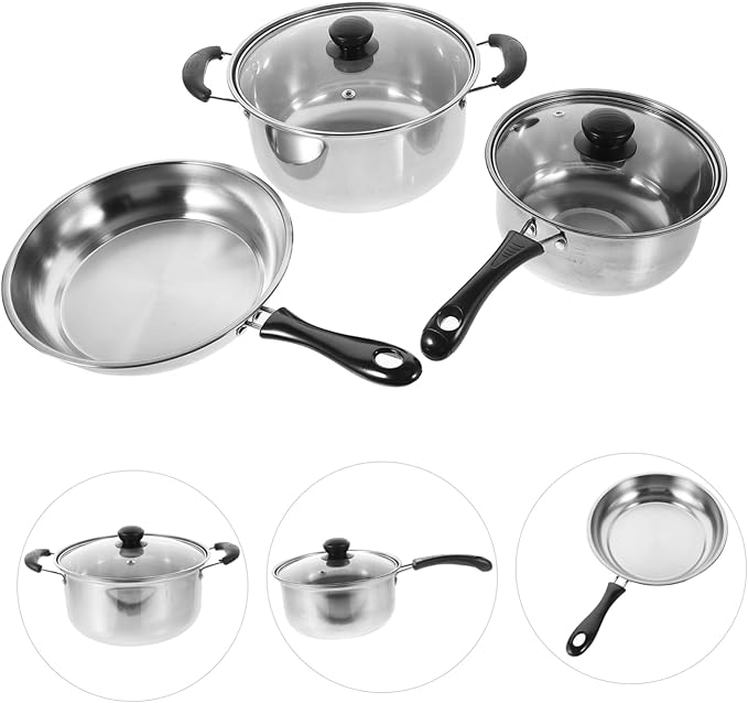Cabilock 1Set Stainless Steel Cookware Set Noodle Pot Frying Pan Set Portable Kitchen Cooking Pots for Soups Stews and Milk Heat Insulated Handles for Home and Restaurant