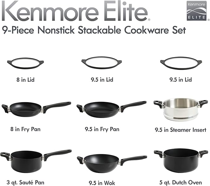 Kenmore Elite Grayson Stackable Platinum Nonstick Forged Aluminum Induction Cookware Set 9-Piece Black
