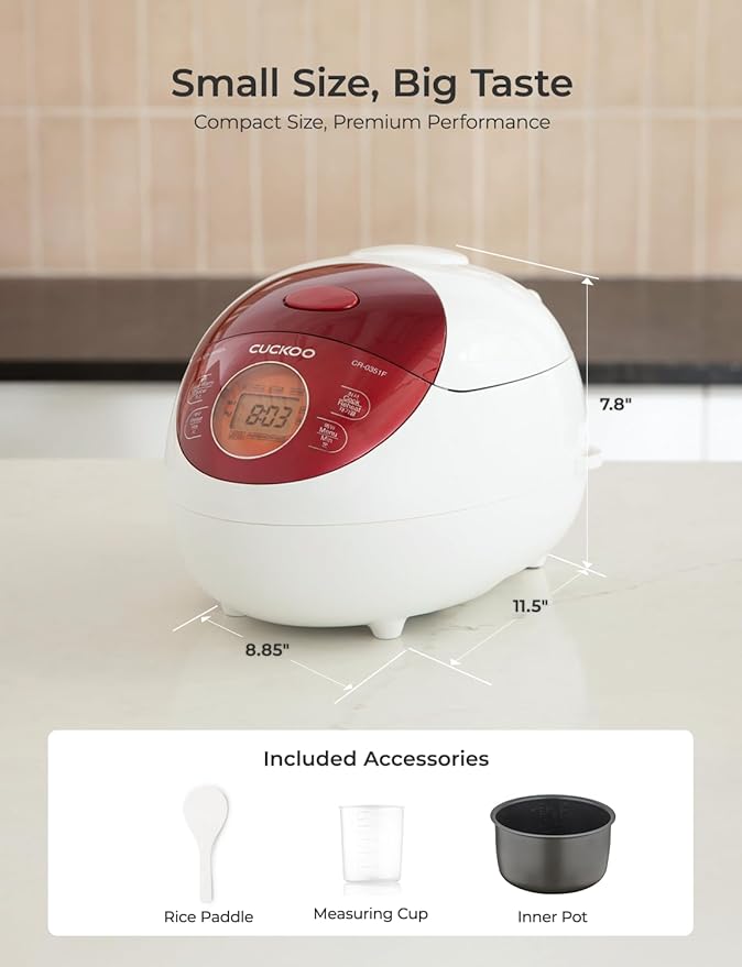 CUCKOO Micom Rice Cooker 3 Cup Uncooked / 6 Cup Cooked Korean Fuzzy Logic Rice Cooker Small with Delay Timer &amp Keep Warm Setting Versatile Food Steamer with Non-Stick Inner Pot Red (CR-0351F)