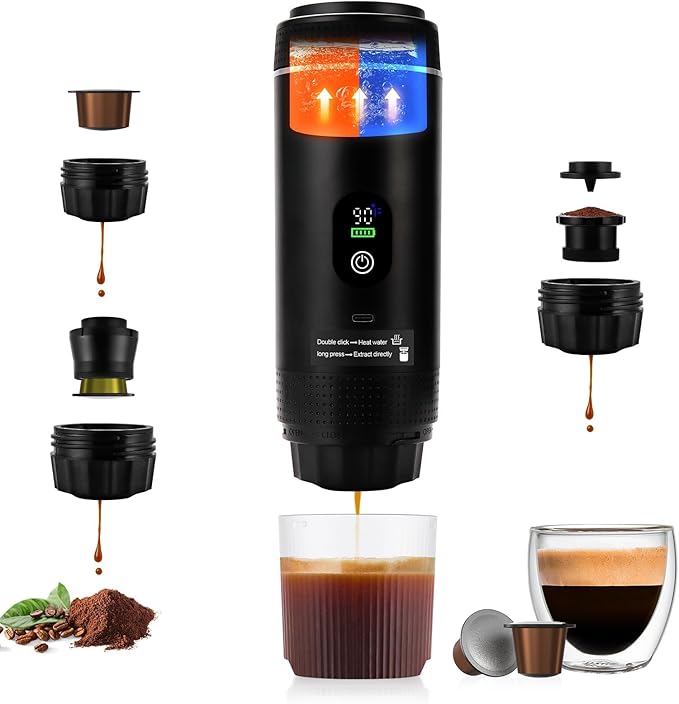 3 in1 Portable Espresso Machine with LED Display20 Bar PressureReal-Time Temp&ampBattery IndicatorPortable Coffee Maker Compatible with Ground Coffee &amp Capsules for TravelHome &amp Office