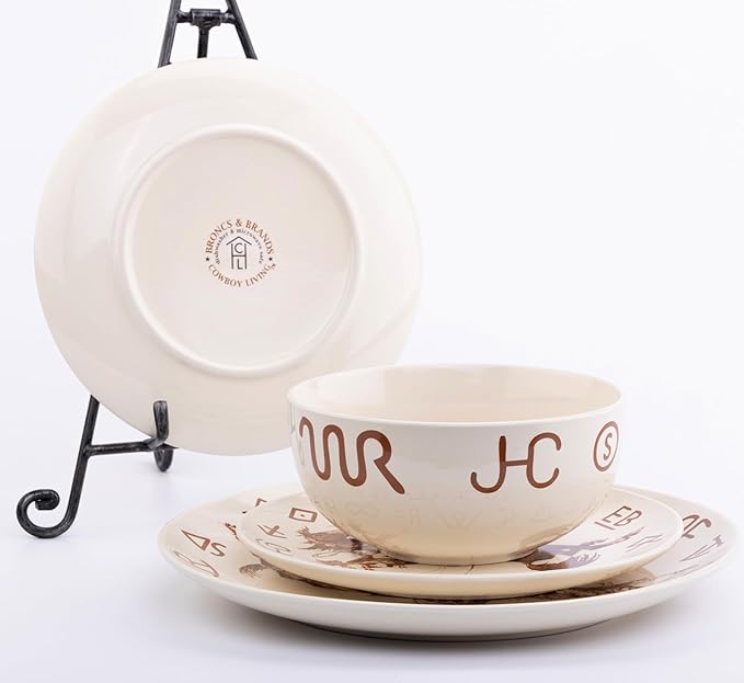 Broncs &amp Brands 12 Piece Dinnerware Set of Four Place Settings Including Dinner Plates Salad Plates and Dinner Bowls