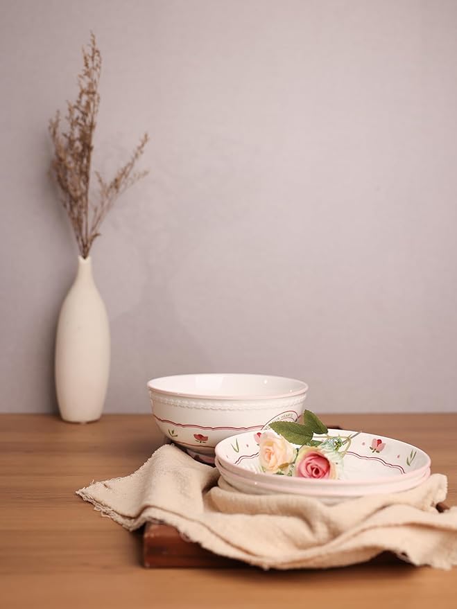 HAOTOP Ceramic Dinnerware Set 3 Pieces Plates and Bowls Floral Pattern Dinner Serving Plates and Bowls Sets for Salad Soup Pasta Microwave ＆ Dishwasher Safe White