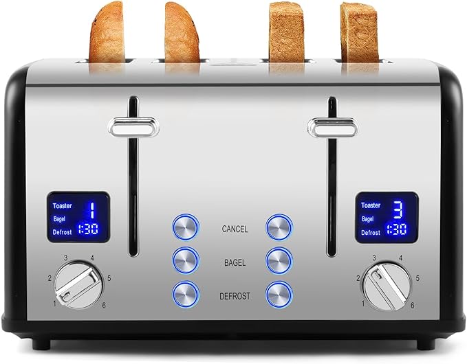 CUSIMAX 4 Slice Toaster with Smart LED Display Stainless Steel Toaster with Exart Wide Slots 6 Shade Settings Bagel Defrost and Cancel Fuction 1650 Watts Removable Crumb Trays Black