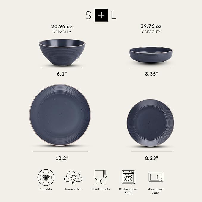 Stone Lain Lauren Modern Stoneware 16-piece Round Dinnerware Set Plates and bowls Set Dish set for 4 Charcoal