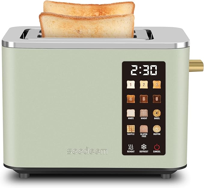 SEEDEEM Toaster 2 Slice Touch Control Screen Smart Stainless Toaster 6 Shade Setting 6 Bread Selection Countdown Removable Crumb Tray 900W Mint Green
