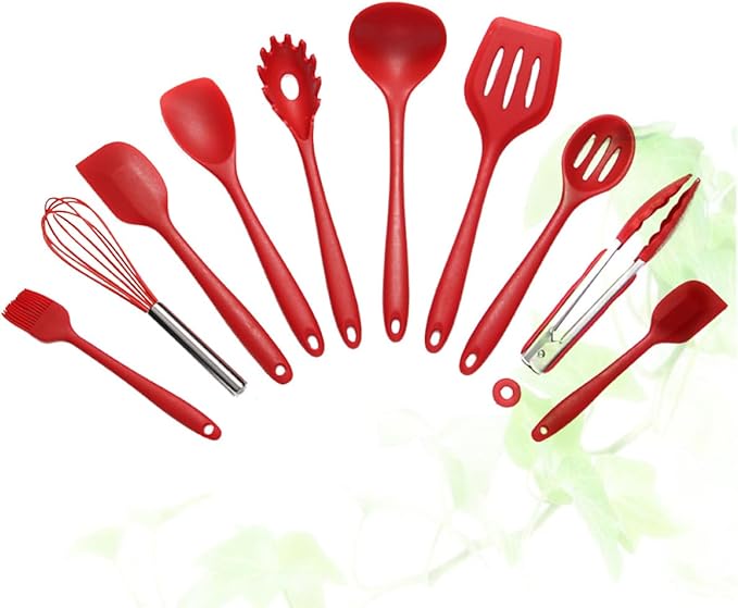 10pcs Non-stick Silicone Cookware Set Kitchenware Suit Egg Scraper Spoon Spatula Brush Red