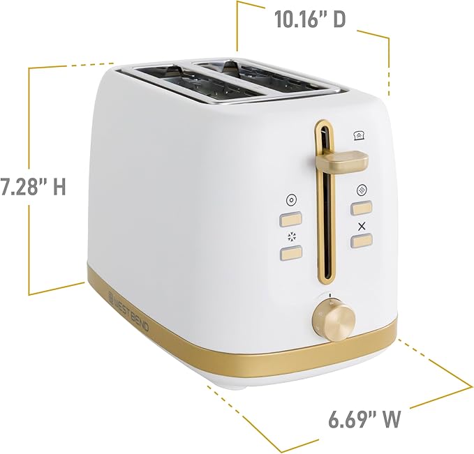West Bend Timeless 2-Slice Toaster with 7 Browning Levels Bagel/Waffle/Defrost Settings High-Lift Lever Anti-Jam Easy-Clean Crumb Tray 2-Slice White/Gold