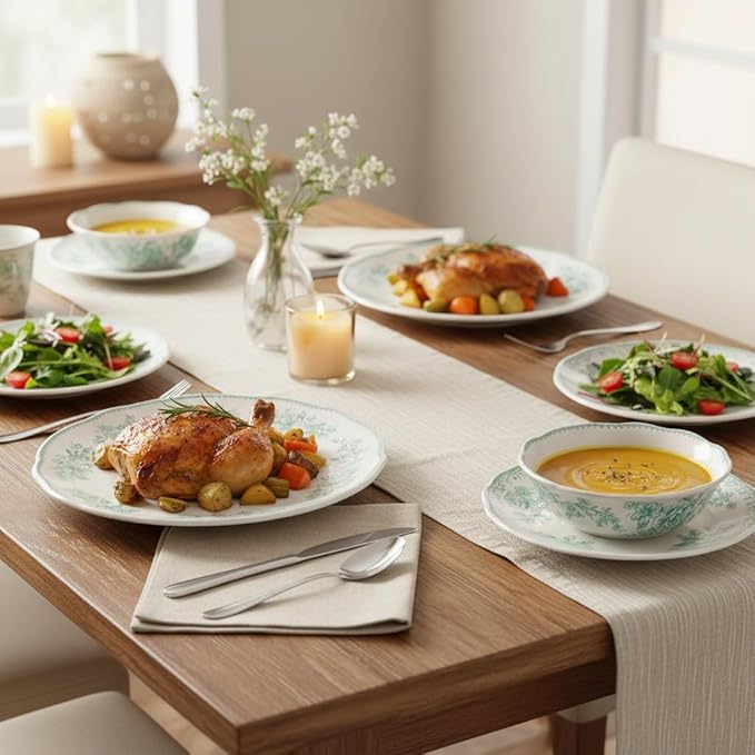 12-Piece Green Floral Stoneware Dinnerware Set Fresh Vintage Design Microwave &amp Dishwasher Safe 4-Person Complete Set Ideal for Family Meals &amp Entertaining