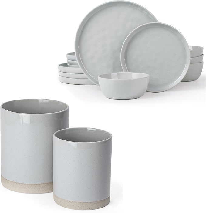 Famiware Mars Plates and Bowls Set of 12 and Milkyway Kitchen Utensil Holder for Countertop Set of 2 14 Pieces Dinnerware Sets Light Gray