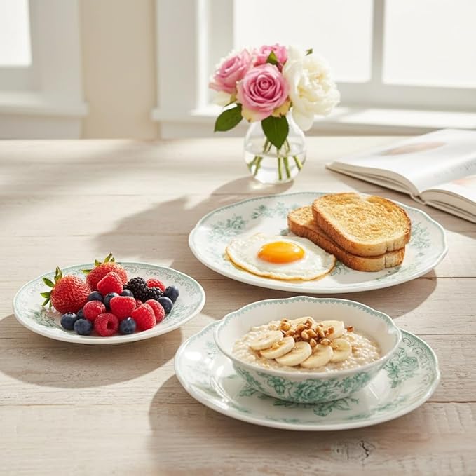 12-Piece Green Floral Stoneware Dinnerware Set Fresh Vintage Design Microwave &amp Dishwasher Safe 4-Person Complete Set Ideal for Family Meals &amp Entertaining