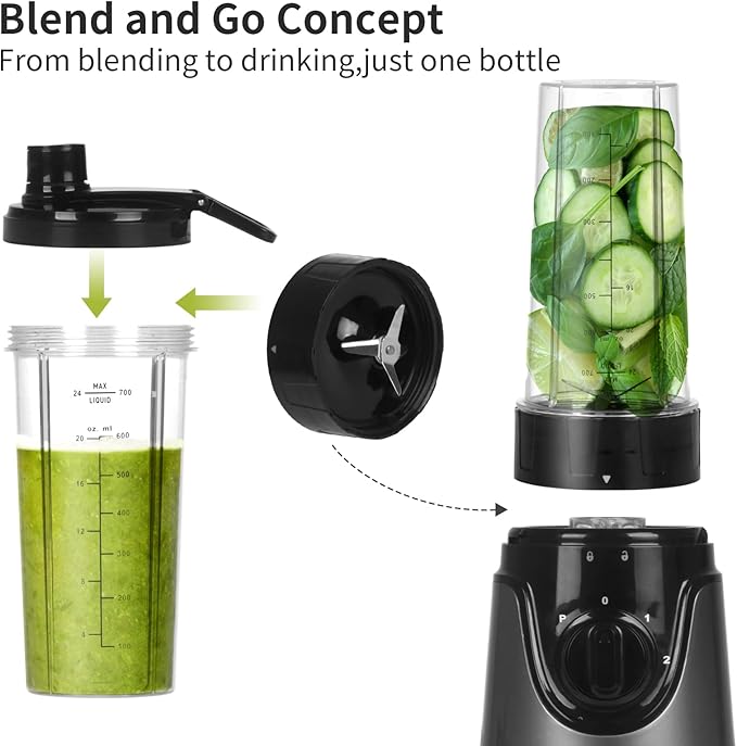 La Reveuse Personal Size Smoothies Blender 300 Watts with 24 oz BPA-Free Portable Travel Sports Bottle (Grey)