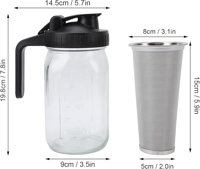 Cold Brew Coffee Maker Pitcher Iced Coffee Maker with Stainless Steel Thick Glass Jar Spout Lid and Handle Dishwasher Safe (1000ml)