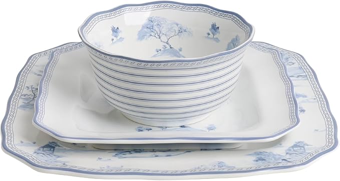 222 Fifth 12-Piece Porcelain Dinnerware Set for 4 Glossy White Plates and Bowls Set with Blue Decal Elegant Square Ceramic Dish Set Kitchen Tableware Microwave &amp Dishwasher Safe Scenic Toile