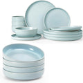 Famiware Milkyway Plates and Bowls Set 12 Pieces Dinnerware Sets and 4 Pieces Pasta Bowls Double Reactive Glaze Sturdy &amp Stackable Stoneware Dishes Set for 4 Light Blue