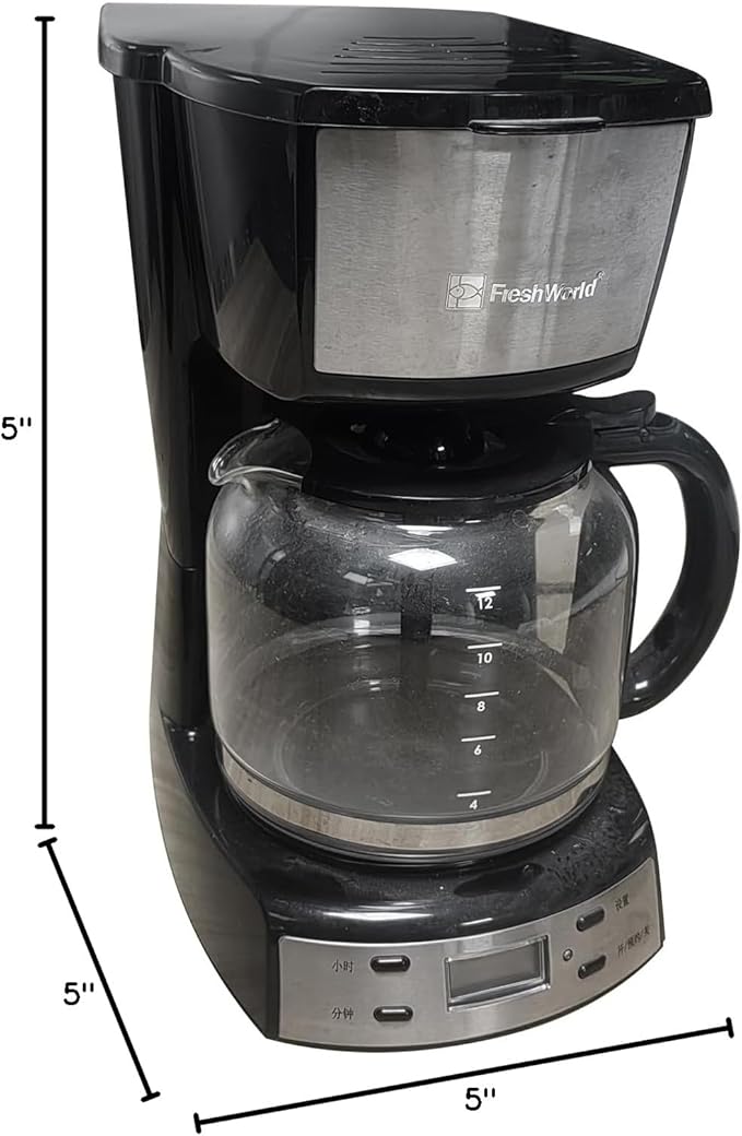 Fresh World 10-Cup Programmable Coffee Maker Regular &amp Strong Brew Drip Clear Water Level Window Coffee Machine for Home and Office Auto Shut Off Permanent Filter Silver