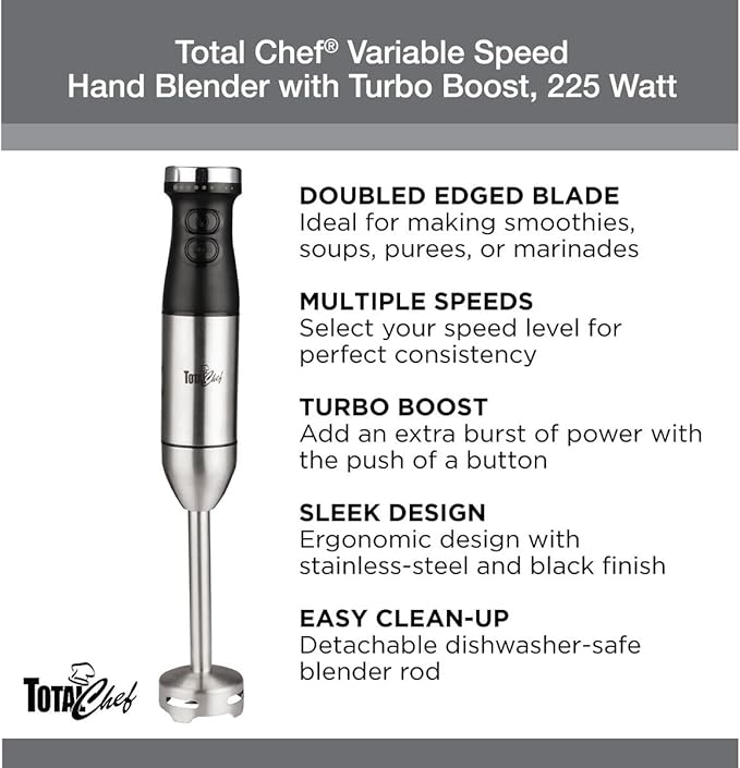 Unknown1 Total Chef Variable Speed Hand Blender with Turbo Boost Watt Grey Plastic Stainless Steel Multiple Speeds