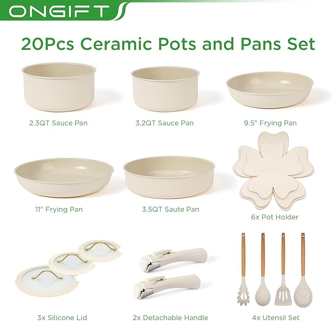 20pcs Ceramic Cookware Set Nonstick Detachable Handle Pots and Pans Set RV Kitchen Set Removable Handle for Cooking Non Toxic No PFAS &amp PTFE &amp PFOA Dishwasher/Oven Safe Cream White