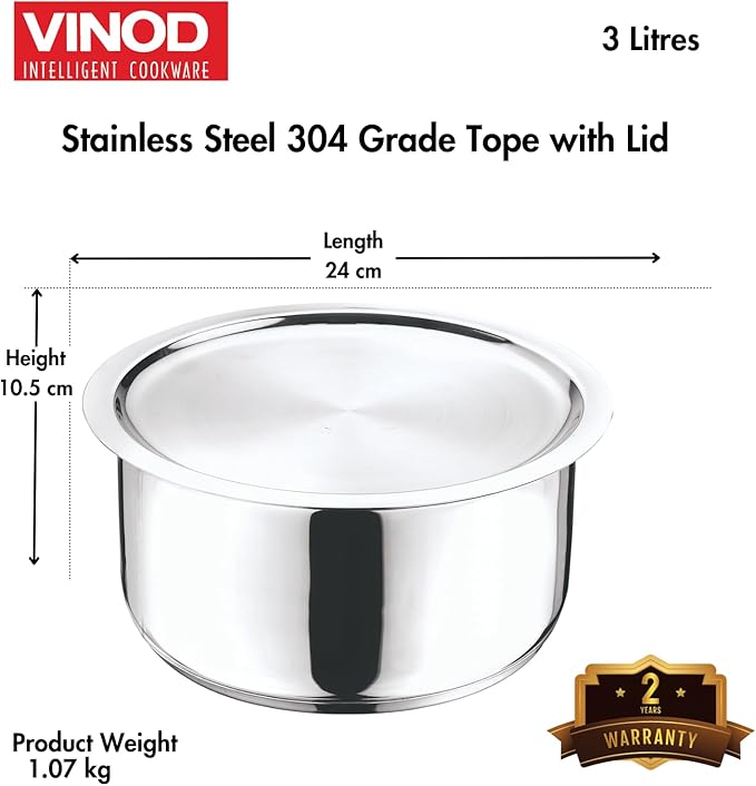 Vinod Stainless Steel 304 Grade Tope/Patila/Topiya with Lid - Diameter 20 cm Capacity 3 Litre Induction and Gas Stove Friendly 2 Year Warranty Silver
