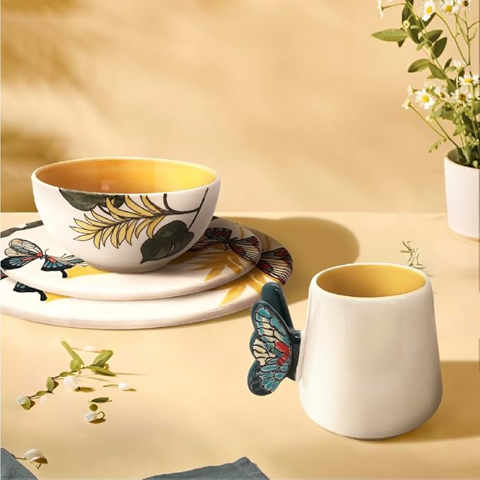 ARTESA ORGANICS BRIGHT NATURE AMARILLO Ceramic Dinnerware Set Yellow Butterfly Pattern with Tropical Leaves Handmade &amp Hand-Painted 4-Piece Collection Microwave Safe