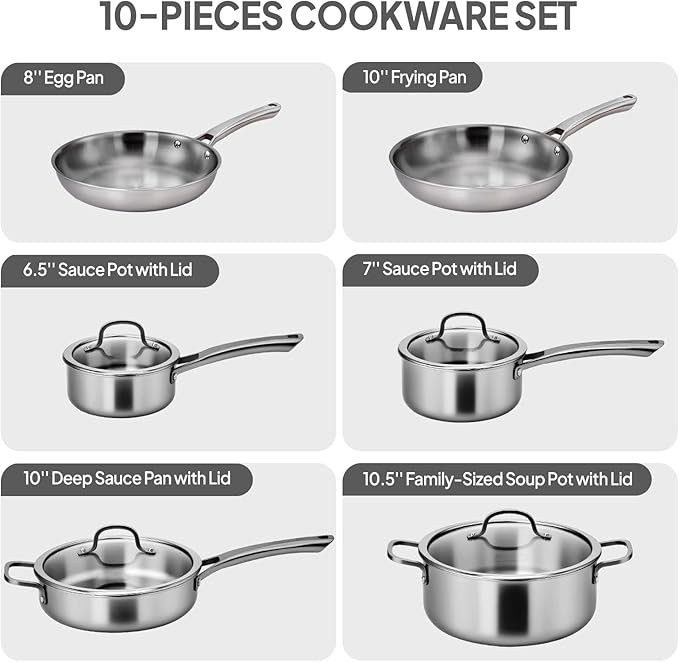 Bonnlo 10 Pieces Cookware Set 3-Ply Stainless Steel Pots and Pans Set with Lids Non-Toxic Kitchen Set Oven &amp Dishwasher Safe Induction Cooking Set PFOA &amp PTFE Free Compatible for All Coo