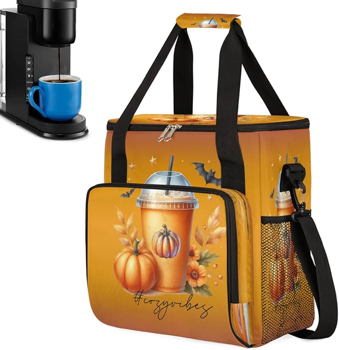 Halloween Drink Pumpkin Blossom Coffee Maker Carring Bag Travel Carrying Storage Tote Bag Compatible with Keurig K-Mini or K-Mini Plus Portable Single Serve Coffee Brewer Case with Pockets