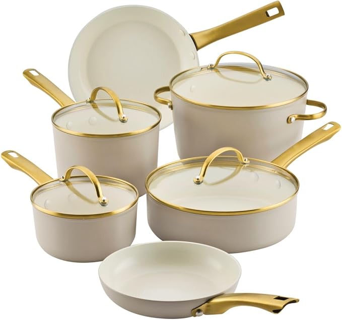 Farberware Forged Induction Ceramic Nonstick Pots and Pans Set with Cooking Tools Dishwasher Safe Gold Color Stainless Steel Handles 12 Piece Cookware Set - Taupe