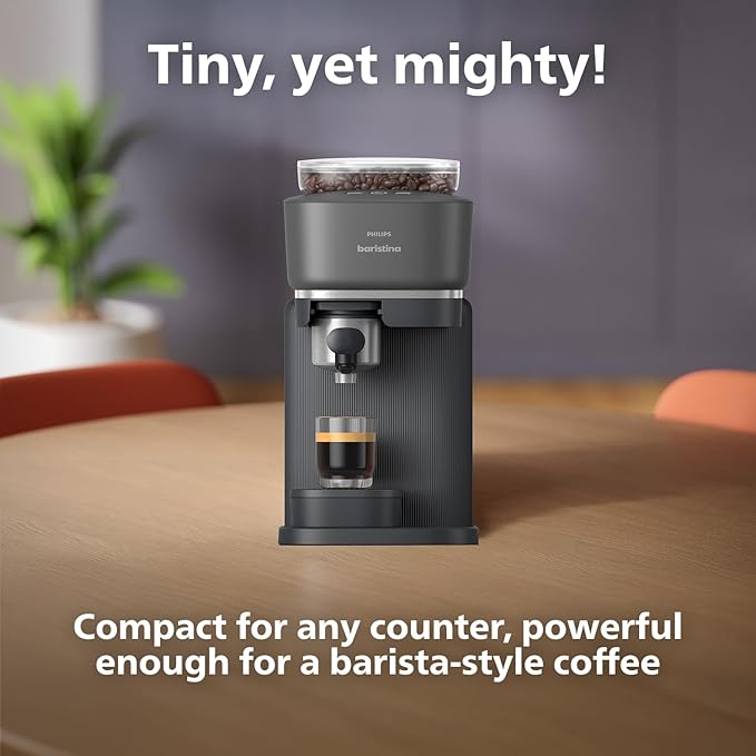 Philips Baristina Espresso Machine Grind Tamp &amp Brew Coffee Beans in One Swipe Compact 16 Bar Pump Pressure Automatic Grinder Black with Black Portafilter (BAR300/60)