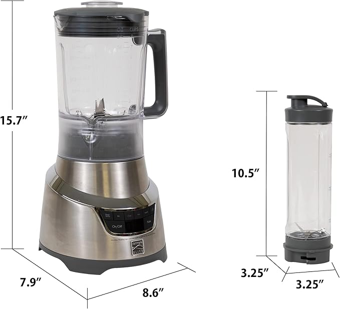 Kenmore Elite 1.3 HP 64 oz Blender With 20 oz Single-Serve Blending Cup Powerful Ice-Crushing Motor 8-Cup (1.9L) Tritan Pitcher 20 oz (600 mL) Travel Cup with To-Go Lid Grey and Stainless Steel