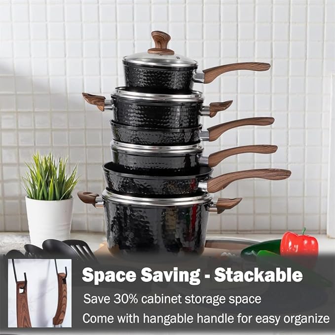 Pots and Pans Set Non Stick 15 Pcs Black Induction Kitchen Cookware Sets Healthy Hammered CookingBlackOne