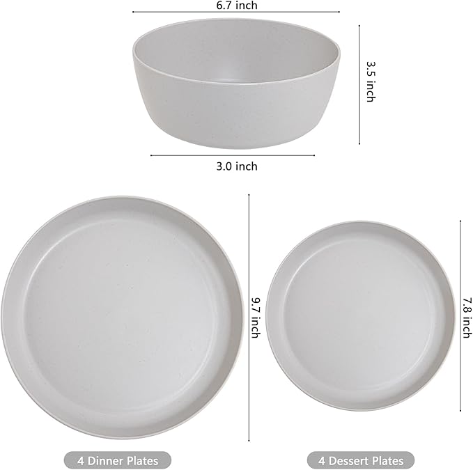EI 12pcs Wheat Straw Dinnerware Set of 4Plastic Plates Reuasble UnbreakablePlastic Plates and Bowls Sets for CampingPicnincFamily Dinner