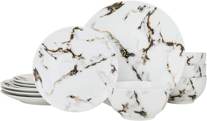 Marble Dining Set Fine China Tableware w/ 24K Gold Plate Accent - Service for 4