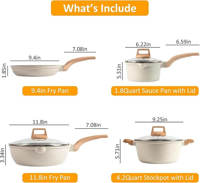 Kitchen Cookware Set Pots and Pans Set White Nonstick Granite Coating Dishwasher Safe Fast Even Heat Induction Frying Pan Stockpot Sauce Pan
