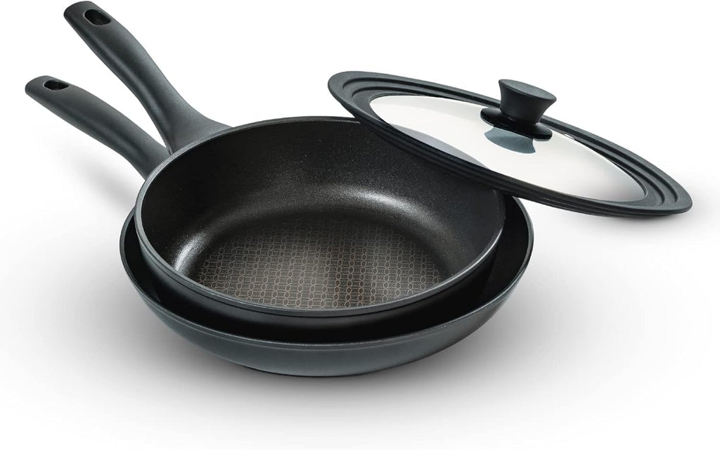 Prestige x Nadiya Non Stick Frying Pan Set of 2 with Universal Glass Lid &amp Stay Cool Handles - Stackable Induction Frying Pans 24cm &amp 26cm Oven and Dishwasher Safe Black
