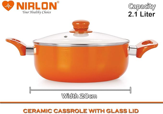 NIRLON Non-Stick Induction Ceramic Casserole and Kadhai with Glass Lid - Set of 2 (Orange)