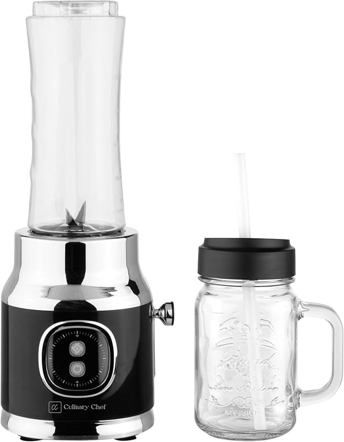 CULINARY CHEF Retro Smoothie Maker Personal Blender with Mason Jar Perfect for Shakes and Smoothies Countertop Dishwasher Safe BPA-Free High Power 300W Black