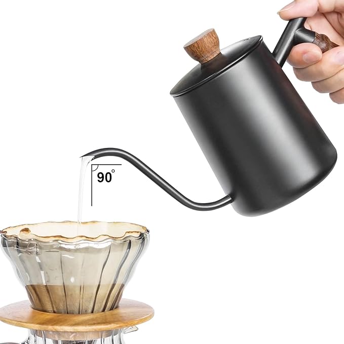 SOTECH Pour Over Coffee Maker Set with Black Gooseneck Kettle Wooden Pad Holder Coffee Dripper Server DIY Manual Portable Coffee Maker Set