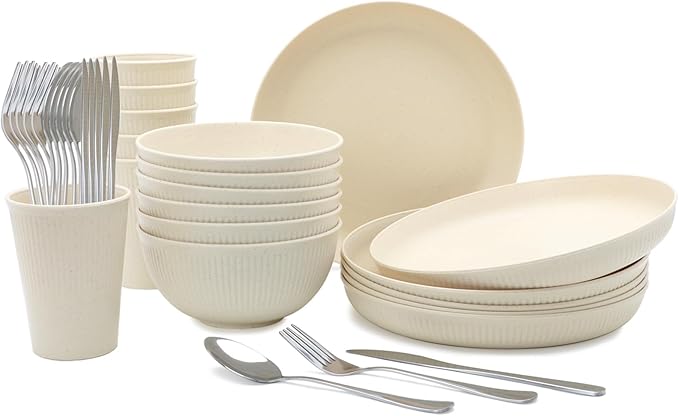 36pcs Reusable Wheat Straw Dinnerware SetsUnbreakable Dinnerware Cups Plates and Bowls SetsDurable Kitchenware Dishes Set for Home Office TravelPicnic