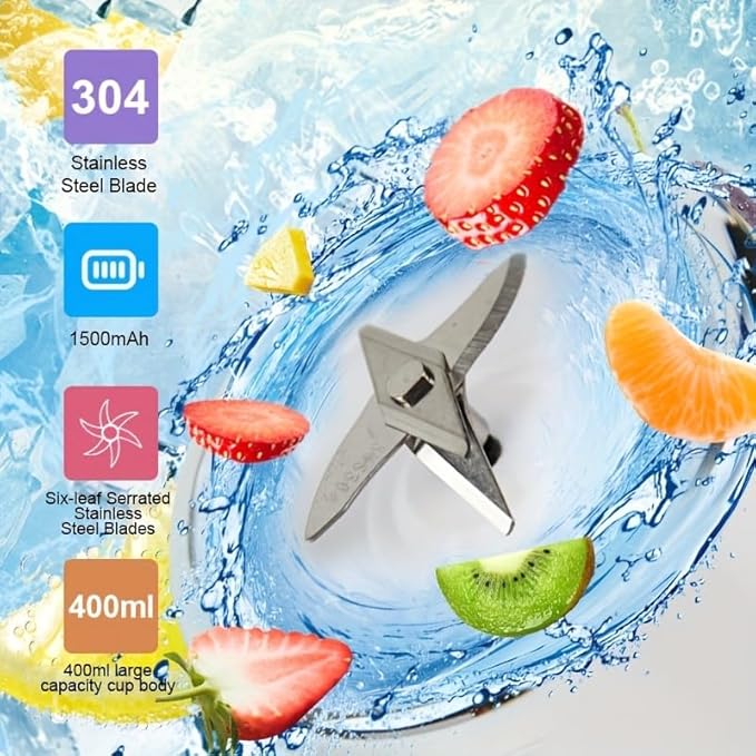 Fit for 400ml USB Rechargeable Portable Blender - 1500mAh Smoothie Maker with 6 Stainless Steel Blades Juice Shaker Bottle for Home and Travel(4)