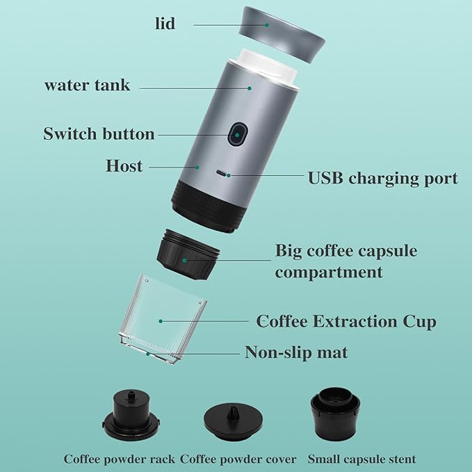 Portable Mini Coffee Maker15 Bar Pressure Espresso MachineCold or Hot 120ML Electric Coffee MakerSmall Handheld Coffee Machine for HomeOfficeTravel (Silver)