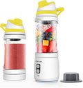 Portable Blender Anti-Jamming 300 Watt for Shakes and Smoothies 24oz Travel Blender USB Rechargeable BPA Free Sporty bottle with a Travel Lid. (Black Base Grey Lid) (White Base Yellow Lid)